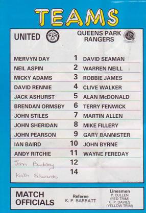 1987 QPR Teamsheet